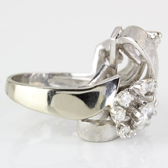 Unique Vintage 14K Art Nouveau White Gold Diamond Cocktail Ring - Picture 6 of 10